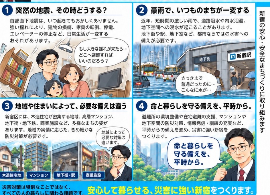地震・豪雨災害をテーマにした4コマ