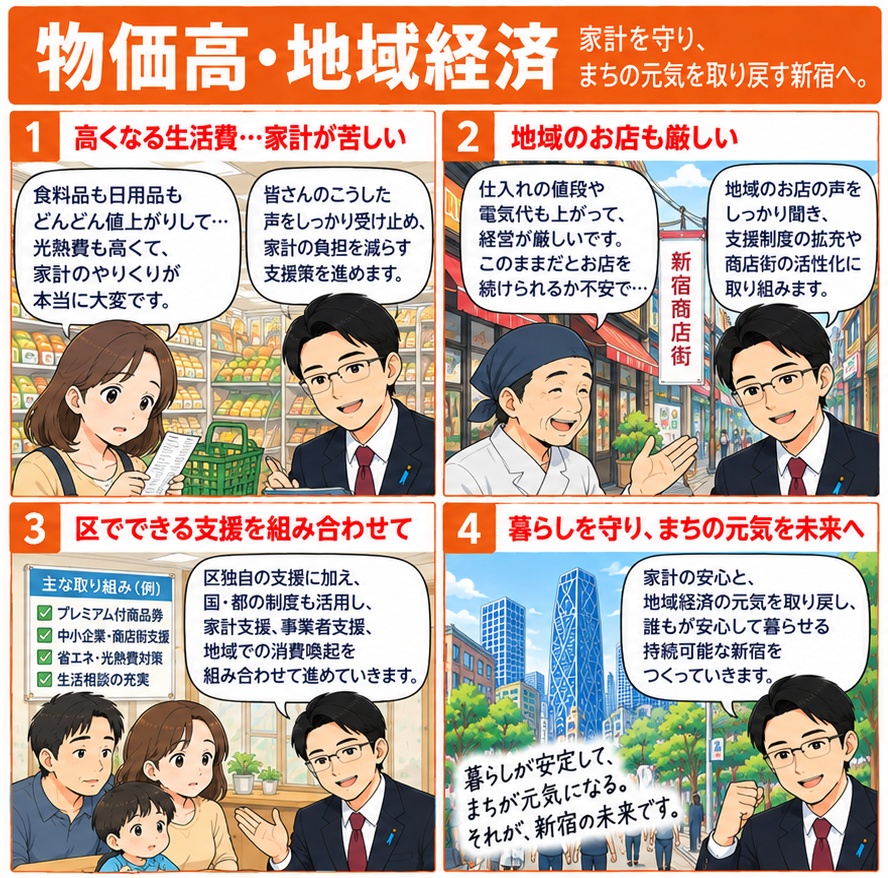 物価高と地域経済をテーマにした4コマ